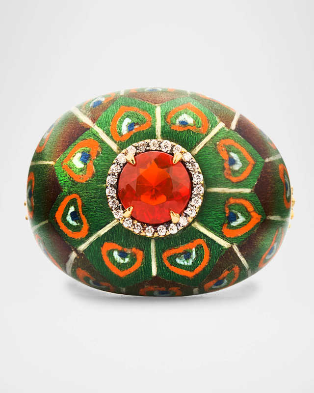 18K Yellow Gold Peacock Feather Marquetry Statement Ring with Diamonds and Fire Opal